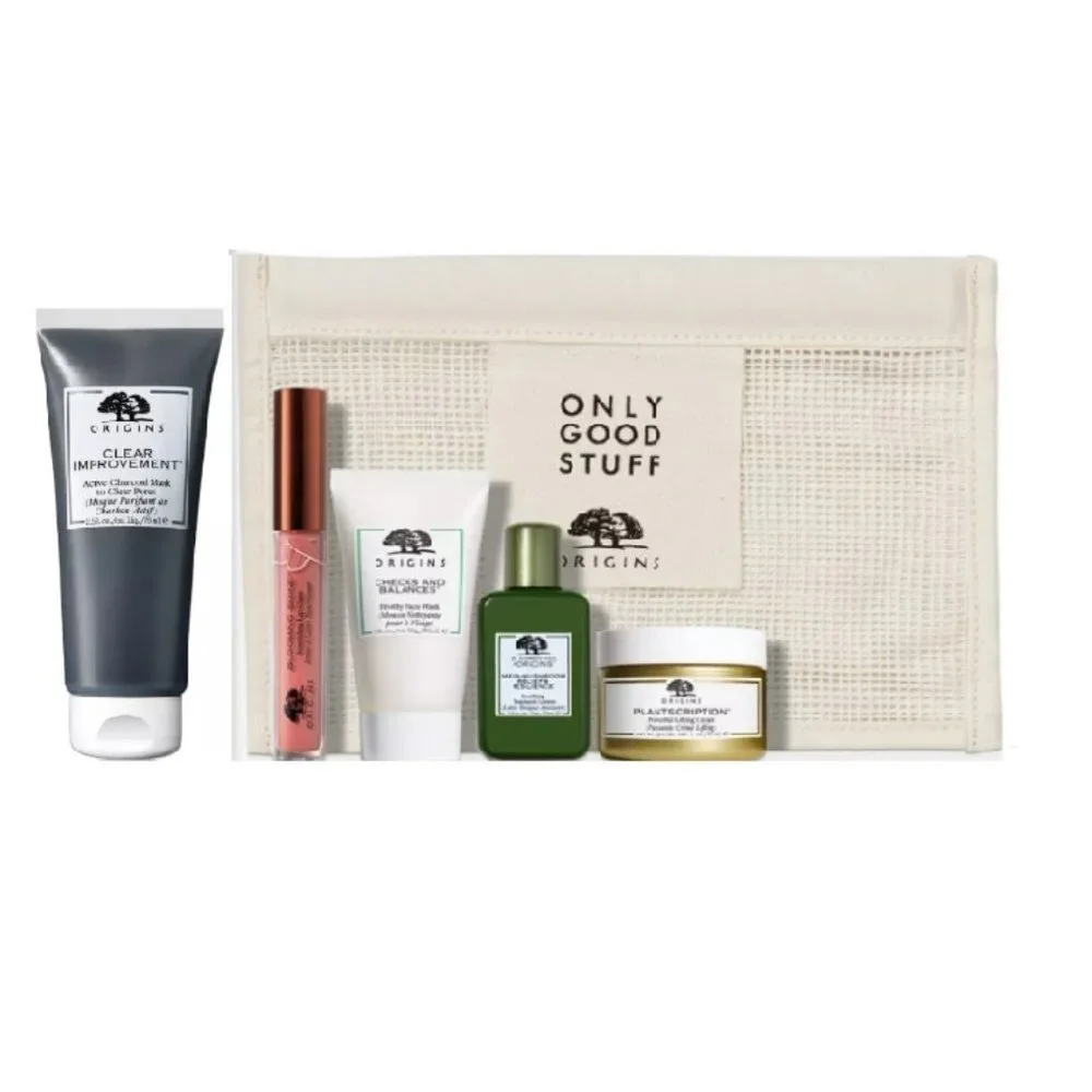 Origins Beauty Set-Beige Mesh Pouch,Cleanser,Lifting,Lotion,Gloss,Mask-6pc-NEW